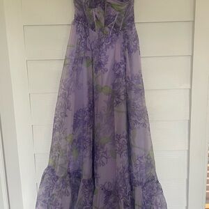 Lavender Floral Strapless Prom Dress